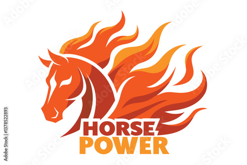 Fiery Horse Head Icon with Dynamic Flame Mane and Horse Power Text Design