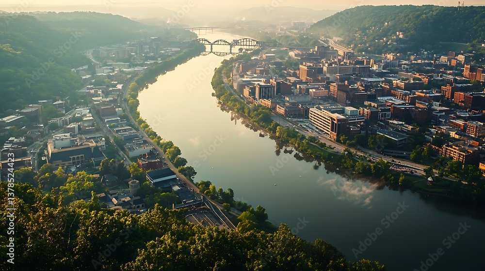 Fototapeta premium Spectacular aerial view of Morgantown, West Virginia at sunrise showcasing the Monongahela River and the city skyline