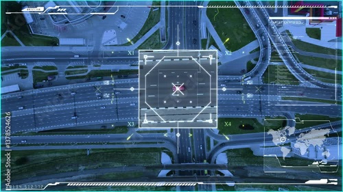 Hi-tech surveillance software scans vehicles, utilizing drones and AI for tracking in urban areas. Infrared vision aids in identifying suspects, with aerial views displaying. Satellite surveillance.