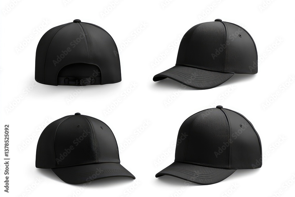 Blank black baseball hat mockup, different views. AI generated illustration. Blank black baseball hat mockup, different views. AI generated illustration.