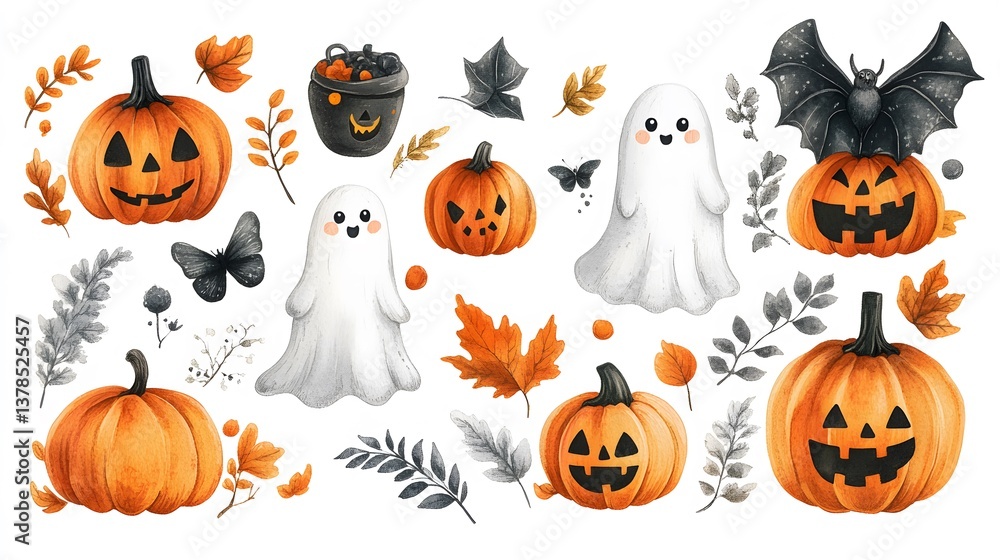 Halloween sticker set with adorable ghosts surrounded by pumpkins and autumn leaves Halloween sticker set with adorable ghosts surrounded by pumpkins and autumn leaves
