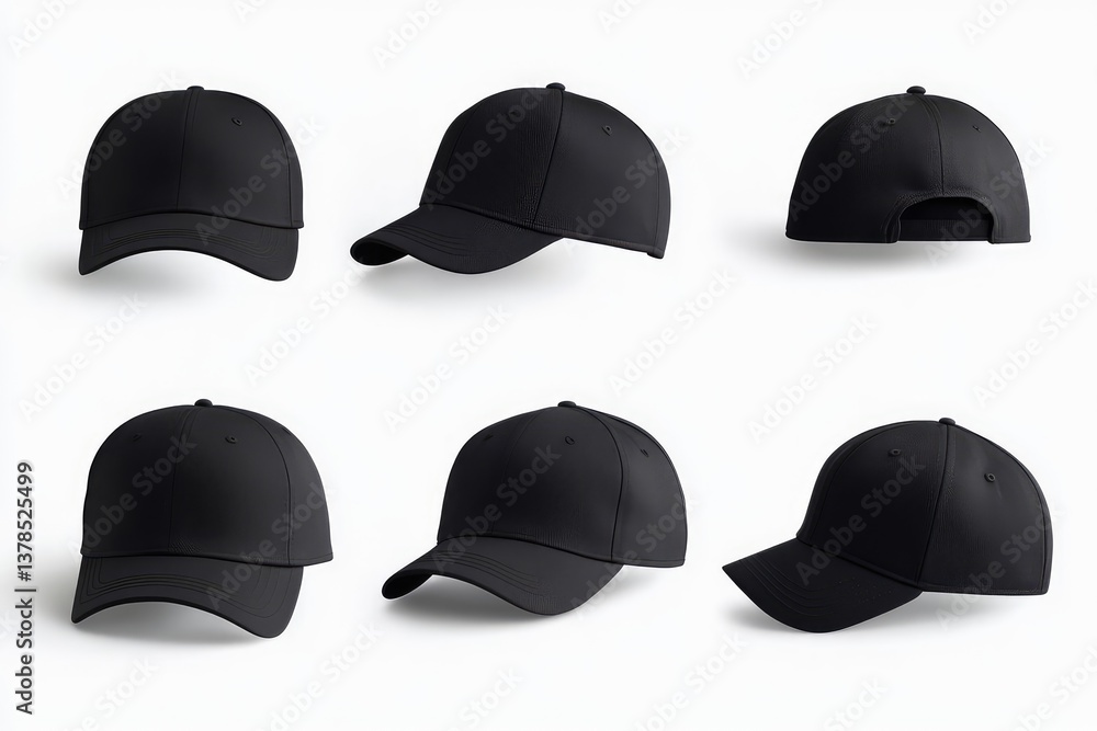 Blank black baseball hat mockup, different views. AI generated illustration. Blank black baseball hat mockup, different views. AI generated illustration.