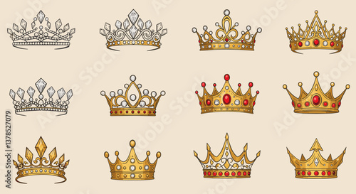 Collection of ornate crowns with jewels.