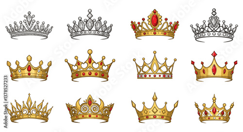 Twelve regal crowns in gold and silver, adorned with sparkling jewels.