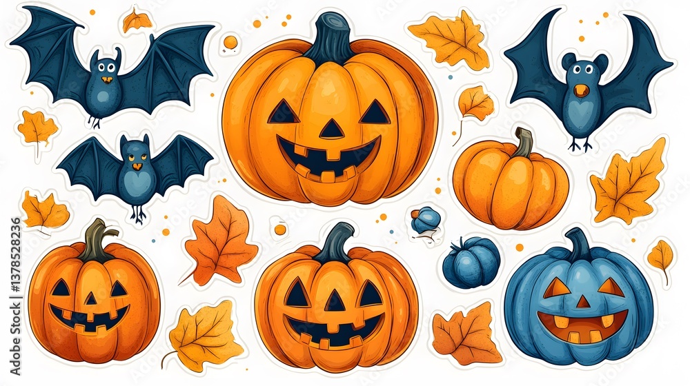 Halloween sticker set with cheerful pumpkins and friendly bats in warm autumn colors Halloween sticker set with cheerful pumpkins and friendly bats in warm autumn colors