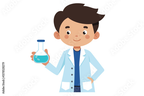 Cartoon Scientist Holding Flask with Blue Liquid on White Background