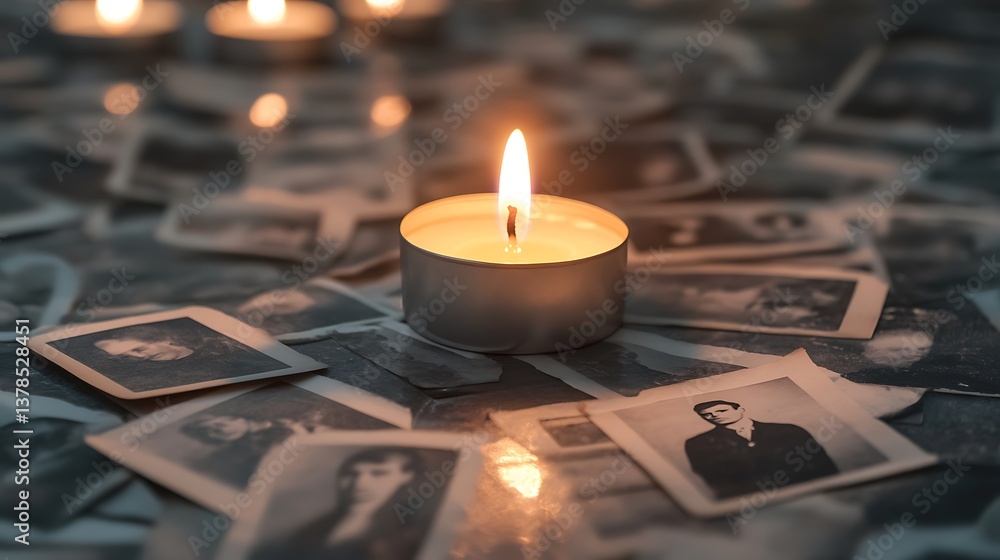 A reflective Holocaust Remembrance Day background with a candle burning softly, with faint images of old photographs in the background, and a muted gray-toned backdrop