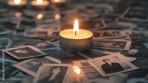 Obraz na płótnie A reflective Holocaust Remembrance Day background with a candle burning softly, with faint images of old photographs in the background, and a muted gray-toned backdrop w salonie