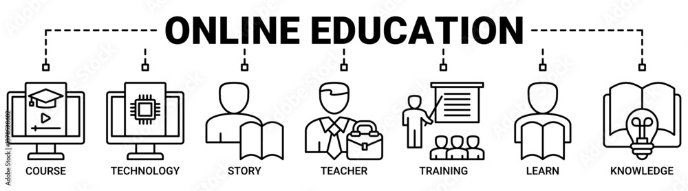 Online education banner web icon vector illustration concept with icons outline symbol background. Online education banner web icon vector illustration concept with icons outline symbol background.