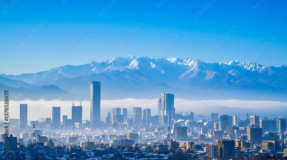 Obraz premium Spectacular cityscape view with snowy mountains and crystal clear sky showcasing modern architecture