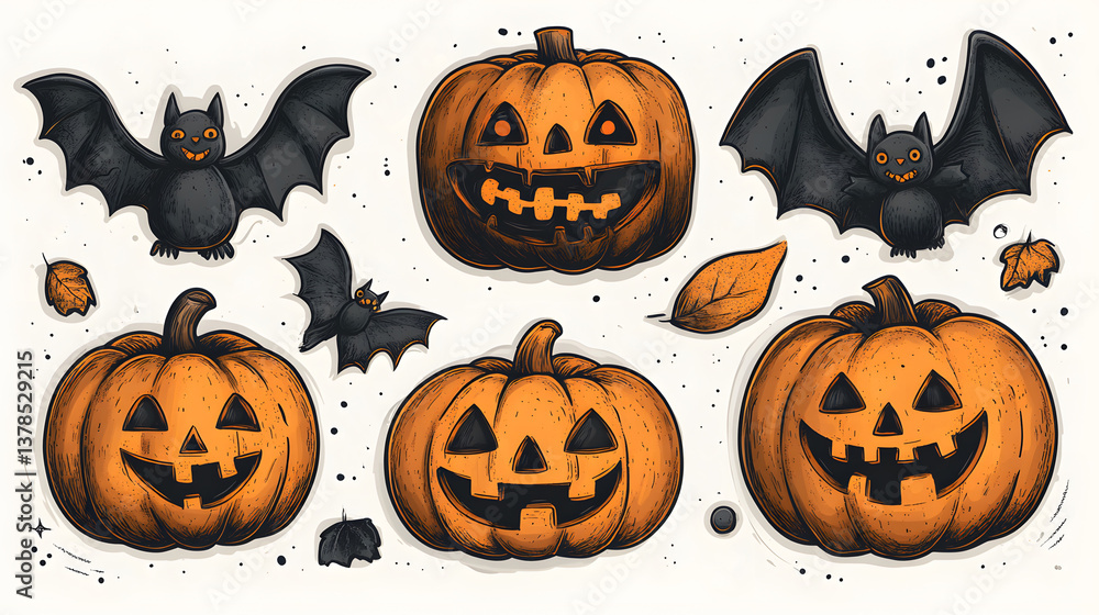 A floating pumpkin and bat family with fun cartoon expressions in a sticker design A floating pumpkin and bat family with fun cartoon expressions in a sticker design