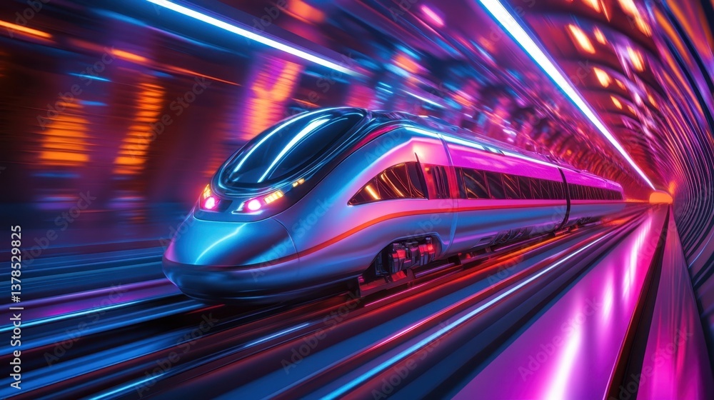 High-speed train traveling through a neon-lit tunnel in a futuristic city during nighttime High-speed train traveling through a neon-lit tunnel in a futuristic city during nighttime