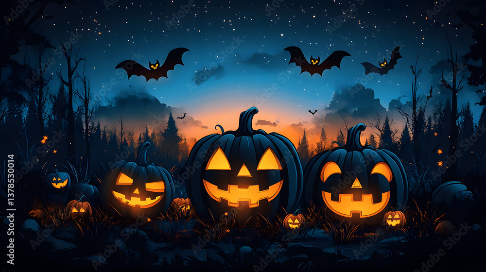A festive Halloween wall art set with cute pumpkins stacked on each other and tiny bats flying around A festive Halloween wall art set with cute pumpkins stacked on each other and tiny bats flying around