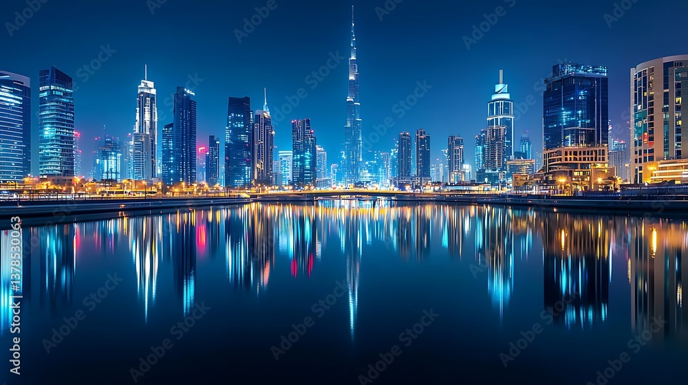 Naklejka premium Spectacular Dubai Skyline at Night, Reflections on the Water, Urban Glow