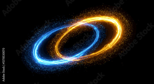 Abstract light trails swirl in vibrant blue and orange.
