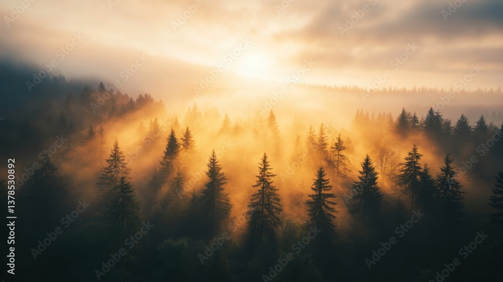 Obraz premium Sunlight breaks through misty forest canopy at dawn, creating a serene landscape of trees and fog
