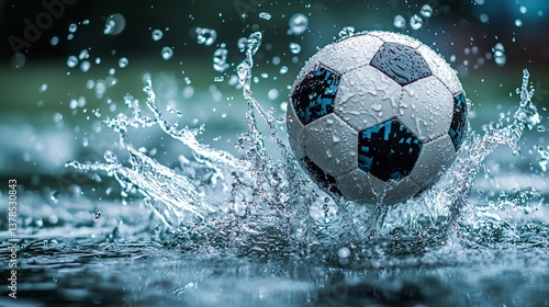 Fototapeta Naklejka Na Ścianę i Meble -  Soccer ball splashing in rain; wet field background; sports action shot