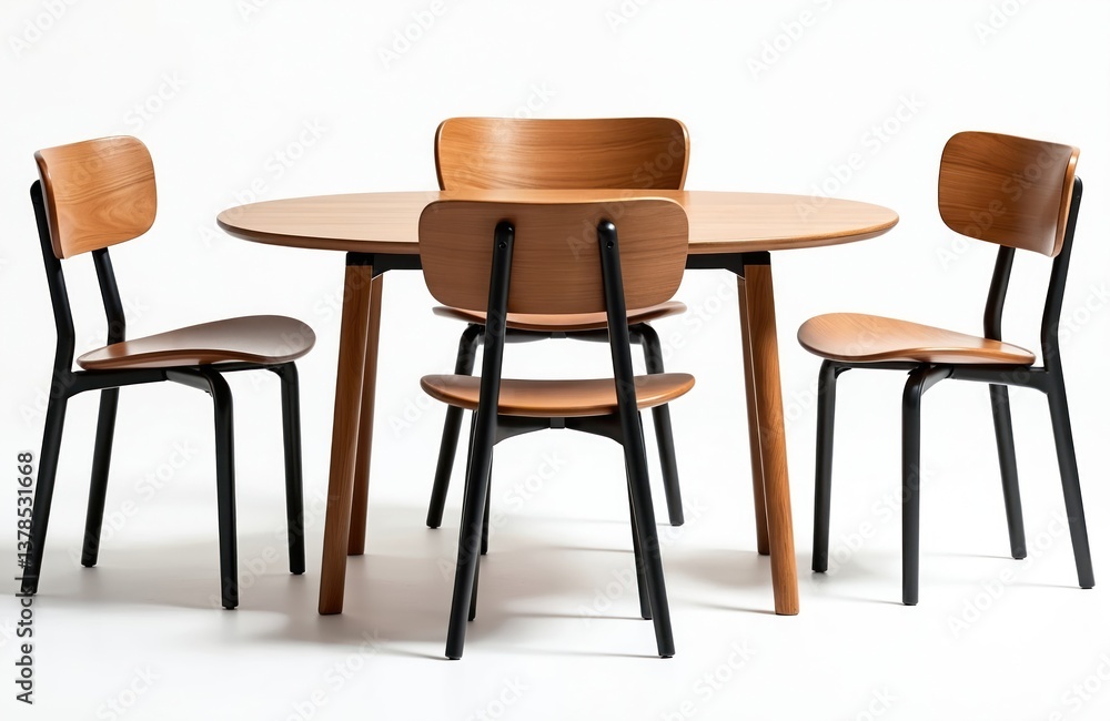 Modern wooden table set with chairs. Stylish home furnishing, chic decor for dining room, kitchen or office interior. Minimalist design, new furniture against white background. Modern wooden table set with chairs. Stylish home furnishing, chic decor for dining room, kitchen or office interior. Minimalist design, new furniture against white background.