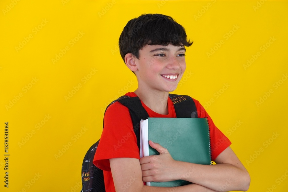 education concept. smiling teenager with backpack and notebook with yellow background education concept. smiling teenager with backpack and notebook with yellow background