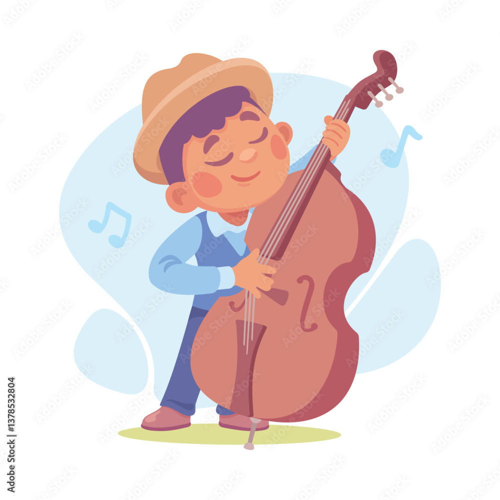 Fototapeta premium A Joyful Boy Joyfully Playing the Double Bass in a Cute and Colorful Illustration