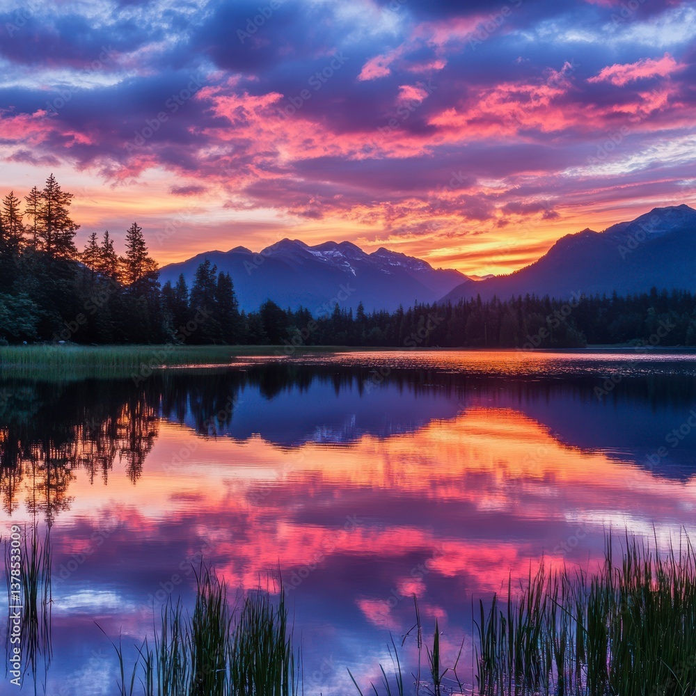 Fototapeta premium Vibrant Sunset over Still Lake Reflected in Calm Waters