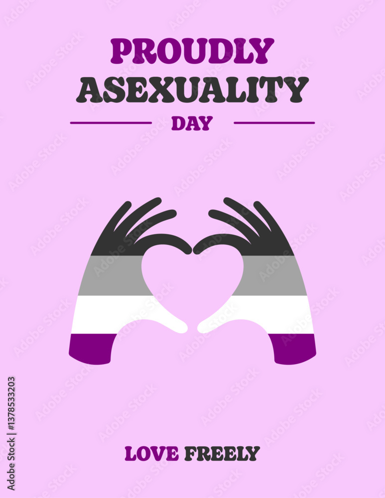 Obraz premium International Asexuality Awareness and Visibility Day 6th April, asexual flag in a hands-heart love gesture. Hand heart love gesture-asexual pride flag. Asexual Visibility Day vector poster.