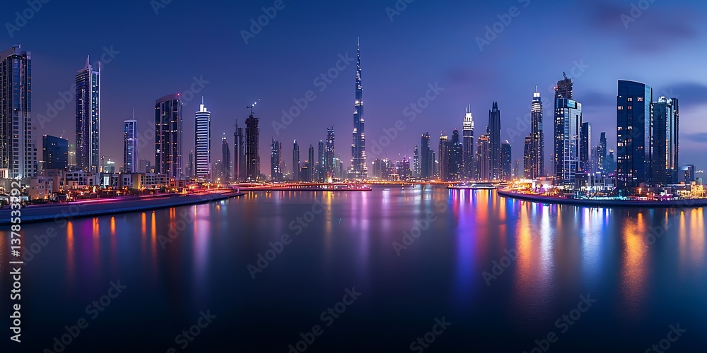 Fototapeta premium Spectacular illuminated cityscape of Dubai at night with water reflections
