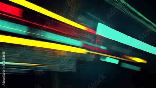 Abstract streaks of vibrant red, yellow, and teal light against a dark background, suggesting speed and motion