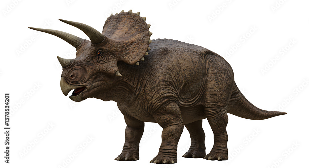 Fototapeta premium Standing Triceratops Dinosaur with Horns and Frill on Isolated White Background