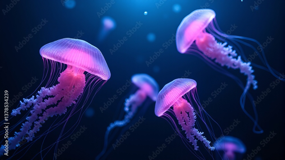 Obraz premium Underwater World with Luminous Pink Jellyfish and Dark Mysterious Water