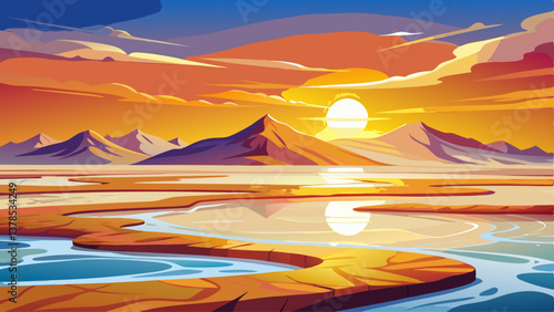 A breathtaking salt flat at sunrise, where golden hues blend with the vast white expanse