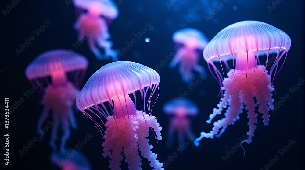 Obraz premium Underwater World with Luminous Pink Jellyfish and Dark Mysterious Water
