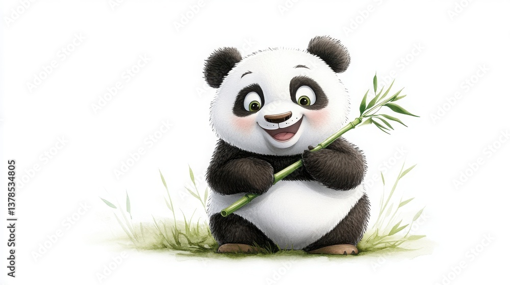 Naklejka premium Cartoon Panda Holding Bamboo In Grassy Field