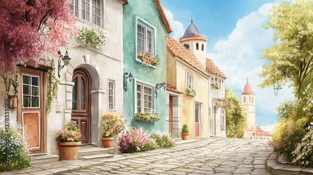 Fototapeta premium Charming European Village Street Scene With Colorful Homes And Cobblestone Road