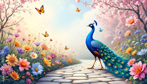 Peacock with butterfly in the park