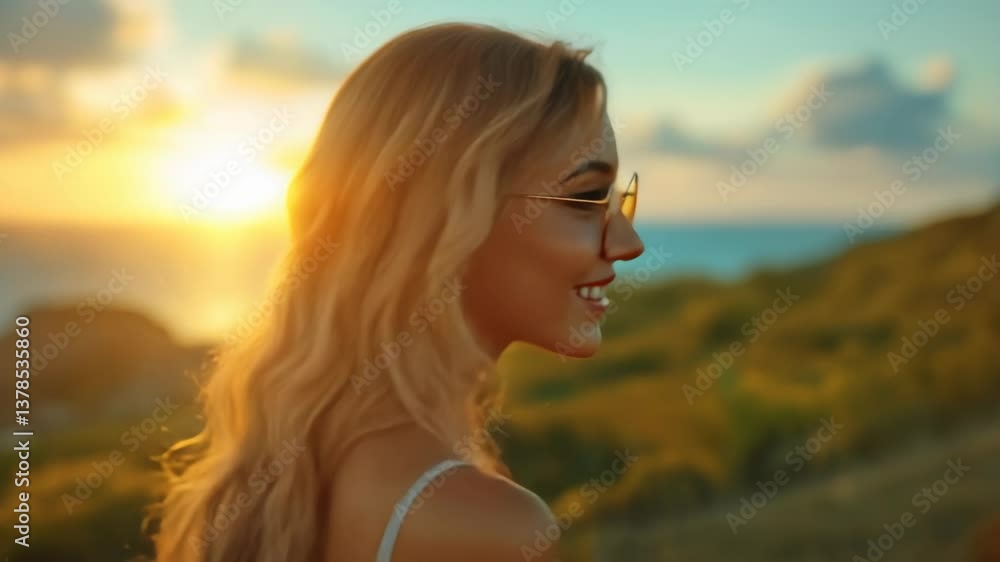 Smiling woman enjoying sunset by the ocean with golden light flowing around her hair and a serene expression on her face Smiling woman enjoying sunset by the ocean with golden light flowing around her hair and a serene expression on her face
