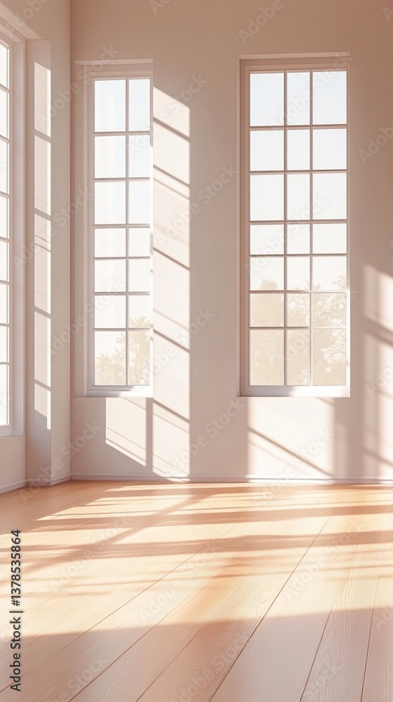 Fototapeta premium Sunlight streams through tall, elegant windows casting soft shadows on pristine white walls and warm wooden flooring in an empty, minimalist interior space