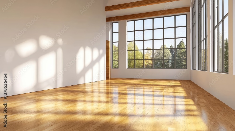 Spacious modern gallery with a blank white wall, natural sunlight creating soft shadows Spacious modern gallery with a blank white wall, natural sunlight creating soft shadows