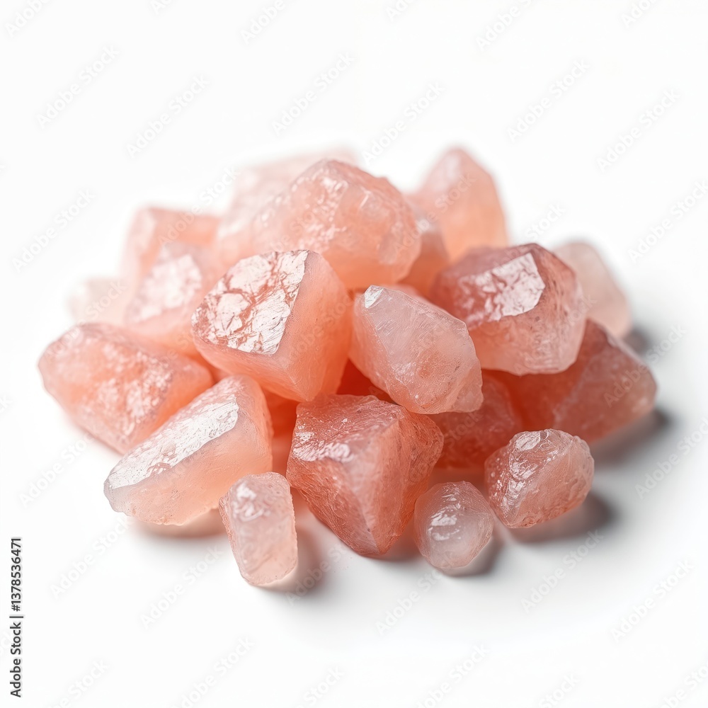 Isolated pile of pink Himalayan salt crystals on white background. Closeup, natural texture, perfect ingredient for cooking, spa treatment, wellness. Mineral seasoning, healthy food, sea salt. Isolated pile of pink Himalayan salt crystals on white background. Closeup, natural texture, perfect ingredient for cooking, spa treatment, wellness. Mineral seasoning, healthy food, sea salt.