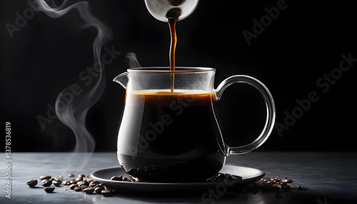 Steaming Cup of Coffee with Coffee Beans Against a Dark Background