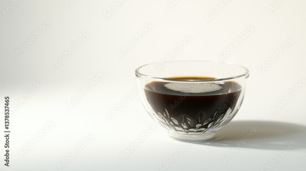 Dark coffee served in a glass bowl against a minimalistic white background during morning time Dark coffee served in a glass bowl against a minimalistic white background during morning time