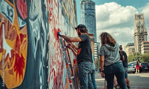 Mural artists collaboratively painting a vibrant street art wall in an urban cityscape