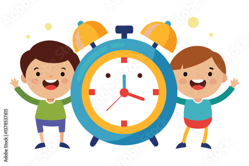 Cheerful Cartoon Boys with Blue Clock on White Background Happy Kids Design
