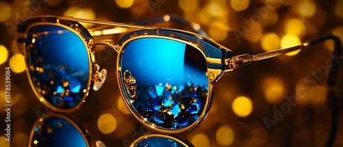 Luxurious Golden Frame Sunglasses with Sparkling Blue Reflective Lenses