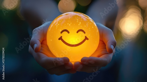 A hand holds a glowing, smiling orb made of bright yellow lights, emitting a warm, cheerful glow.