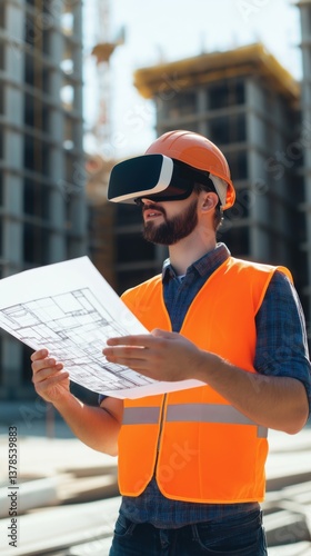 Construction worker uses virtual reality headset to examine building plans at a construction site during daylight hours