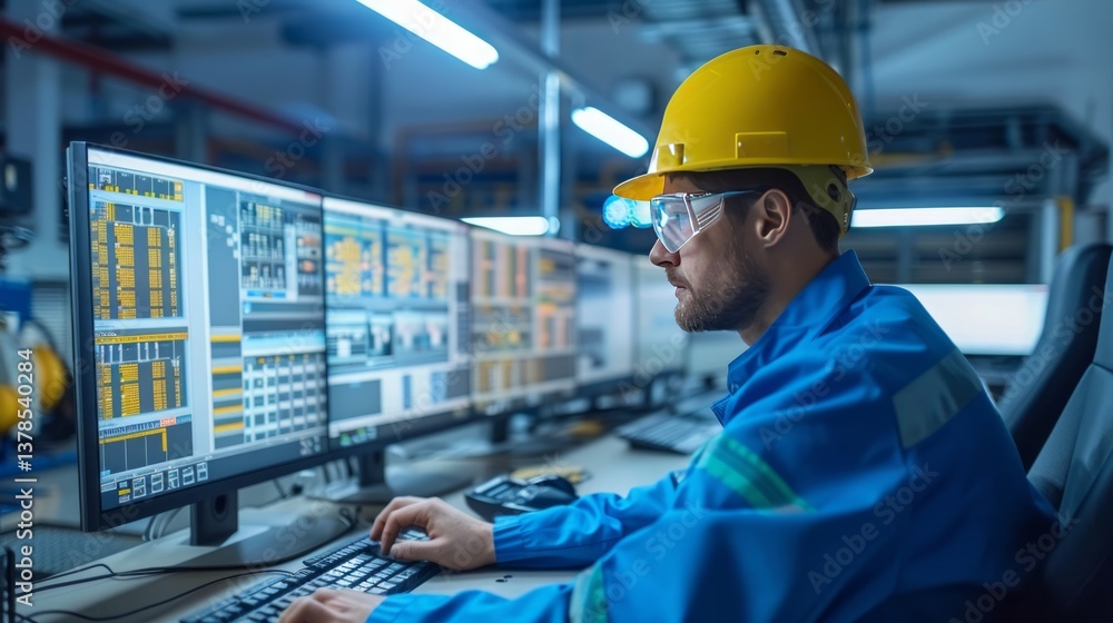 Female engineer overseeing systems in hightech industrial control room, emphasizing automation, technology, precision Female engineer overseeing systems in hightech industrial control room, emphasizing automation, technology, precision