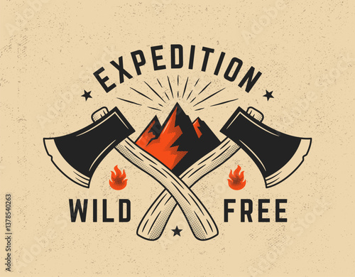 Expedition emblem with crossed axes, red mountain peak and fire flames, designed for outdoor adventure branding, wilderness gear or camping survival identity. Vector outdoor adventure logo