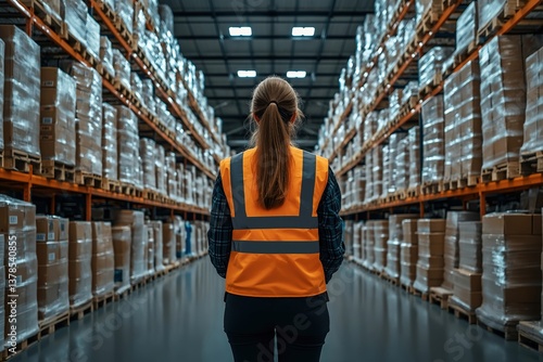 Warehouse Operations: Female Logistics Manager in Orange Vest Monitors Inventory in Industrial Distribution Center