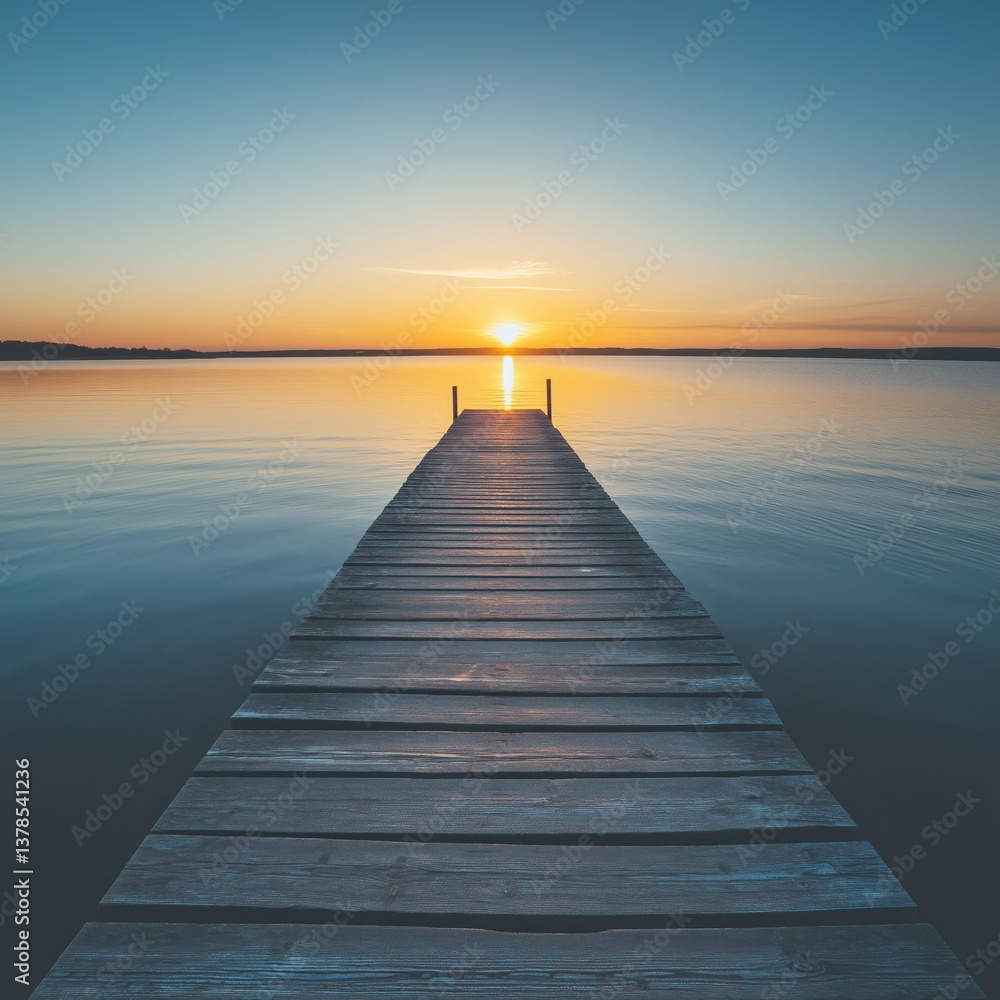 Obraz premium Tranquil Lake Sunset from Dock: A Idyllic Reflection in Nature's Golden Hour Sky 